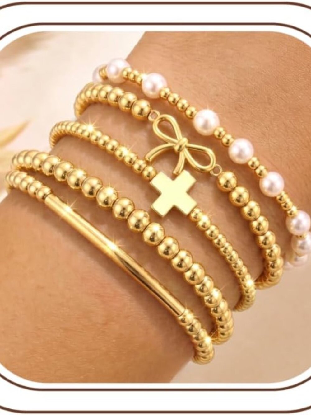 Versatile 5-Pc Gold Beaded Bracelets Set | Adjustable, Waterproof, Gifts for Her
